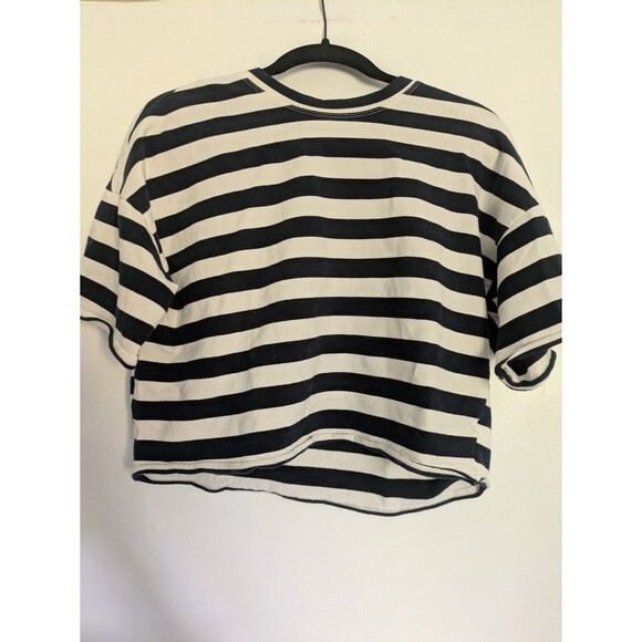 Bohme Felix Striped Cropped T-Shirt Tee Navy Blue White Small Striped Nautical - Picture 1 of 5
